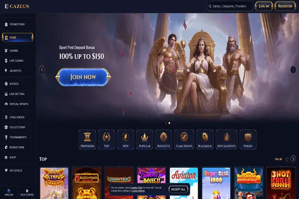 Cazeus Casino Home page and Welcome bonus
