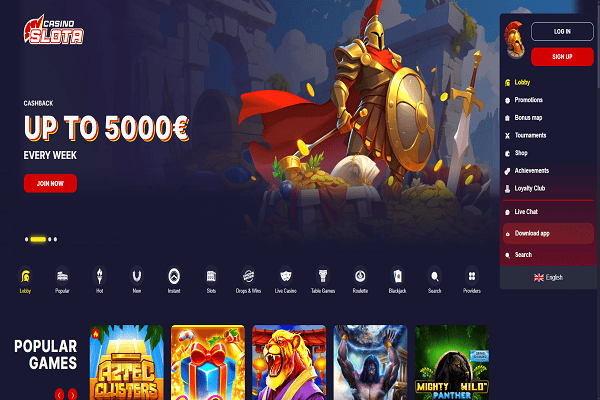 Slota Casino Home page and Welcome Bonus