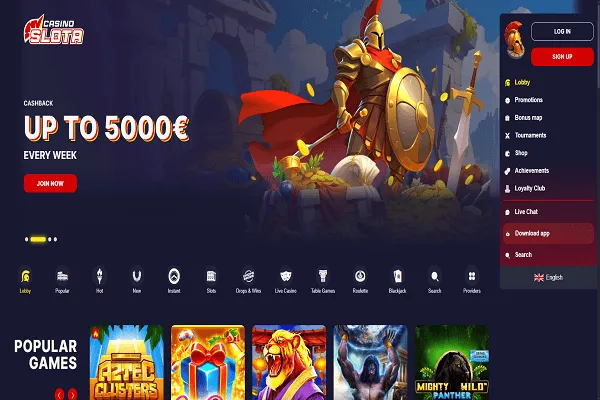 Slota Casino Home page and Welcome Bonus