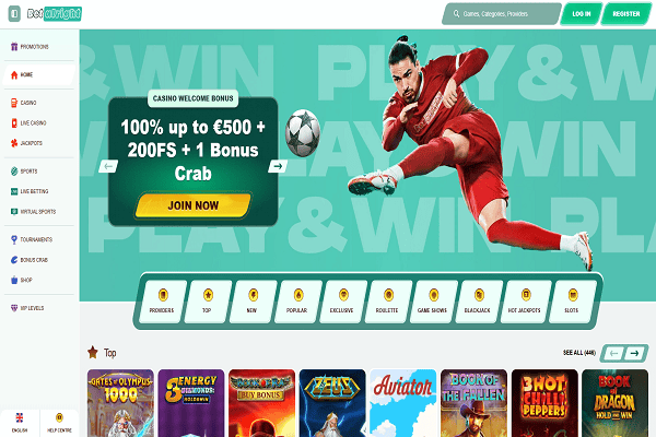 BetAlright Casino Home page and welcome bonus