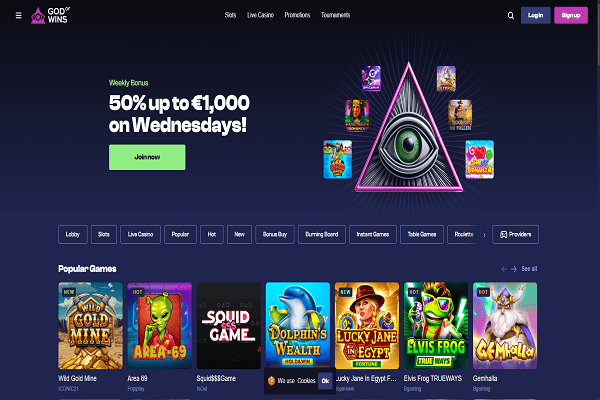 GodOfWins Casino Home Page and Welcome Bonus