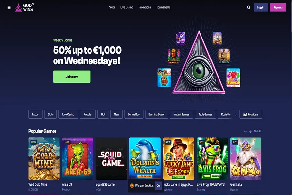 GodOfWins Casino Home Page and Welcome Bonus