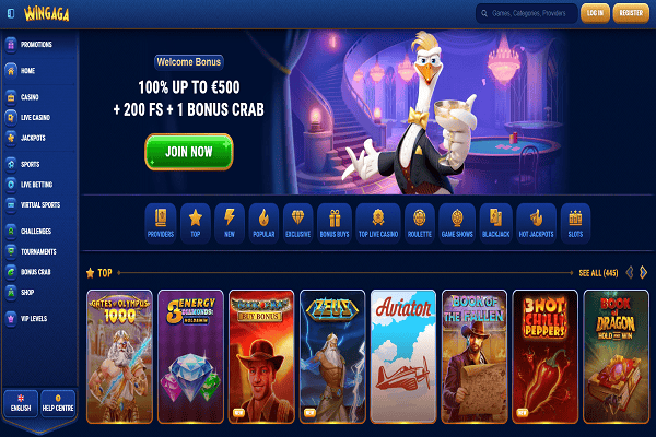 WinGaga Casino Home Page and Welcome Bonus