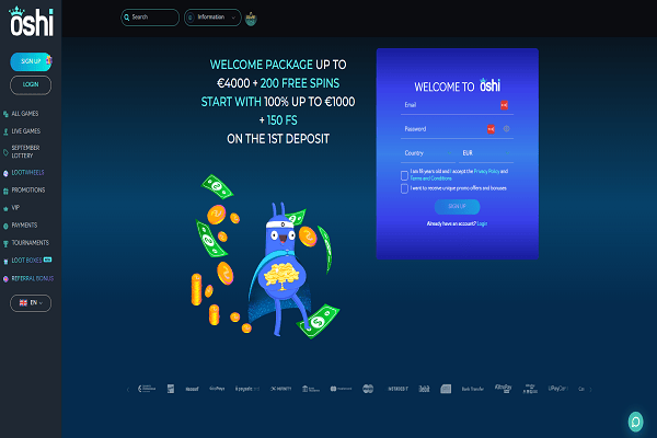 Oshi casino Home page and welcome bonus
