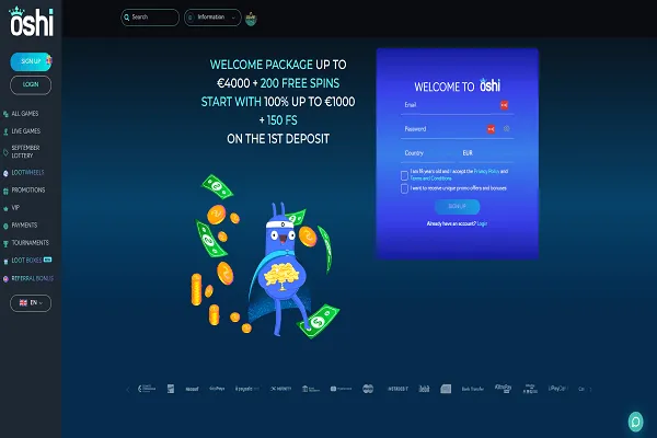 Oshi casino Home page and welcome bonus
