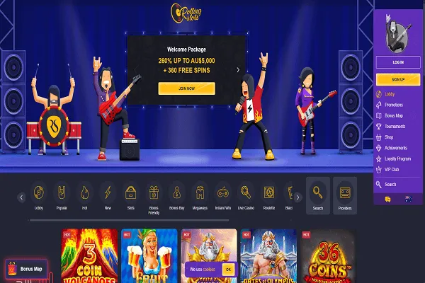 Rolling Casino Home Page and Welcome Bonus.