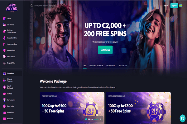 Spin Fever Casino Home Page and Welcome Bonus