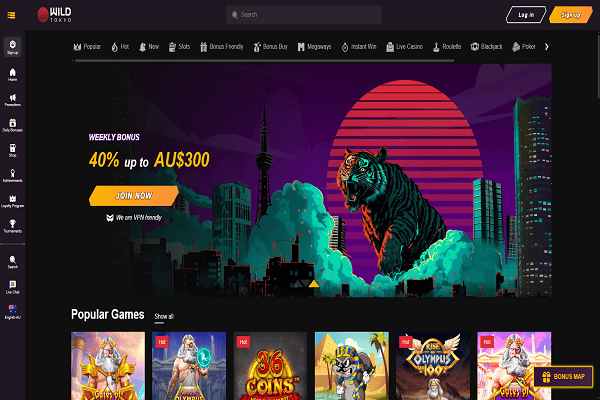 Wild Tokyo Home Page and Welcome Bonus