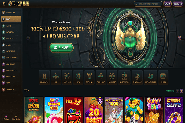Talismania Casino Home page and Welcome Bonus.