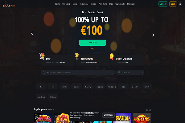 ExciteWin Casino Home Page and Welcome Bonus