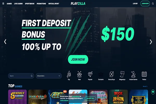 PlayZilla Casino Home Page and Welcome Bonus