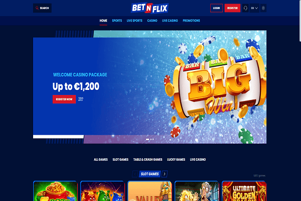 BetNFlix Casino Home Page and Welcome Bonus.