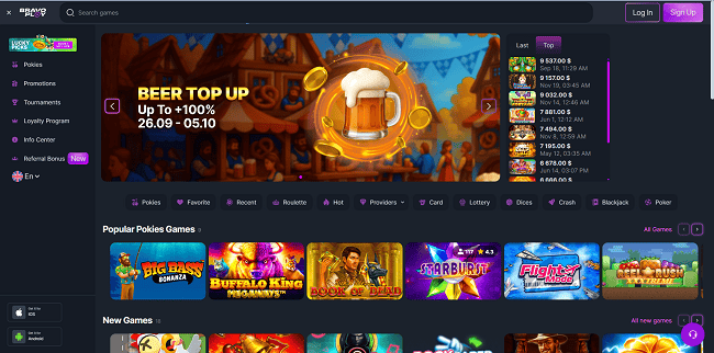 BravoPlay Casino Home Page and Bonuses
