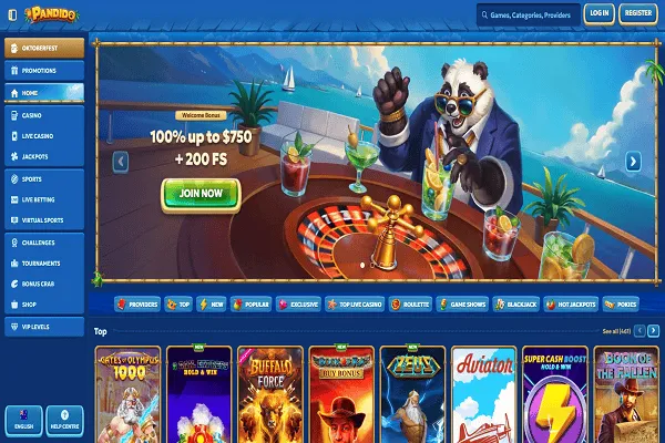 Pandido casino Home Page and Welcome Bonus