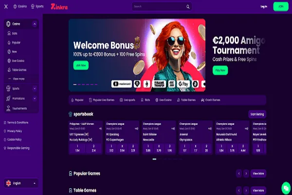 Zinkra Casino Home page and Welcome Bonus