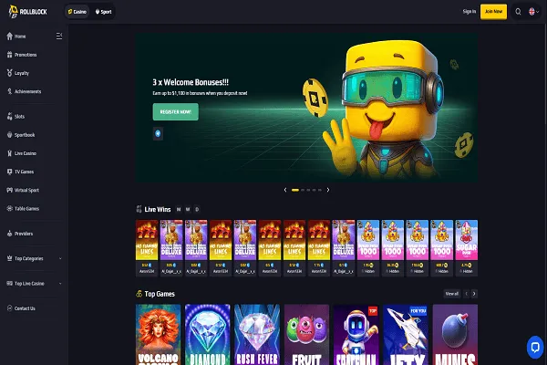 RollBlock Casino Home Page and Welcome Bonus