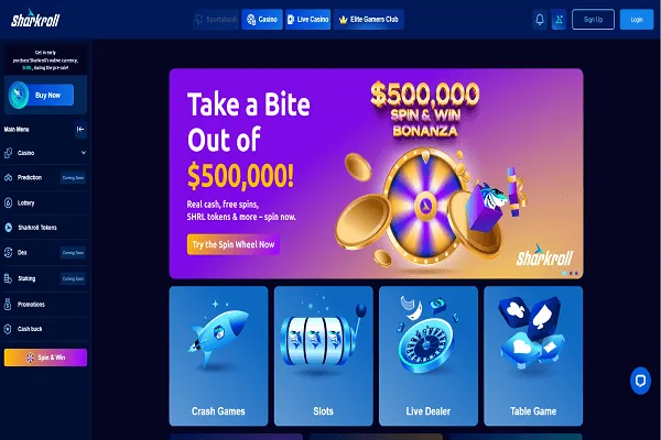 SharkRoll Casino Home Page and Welcome Bonus