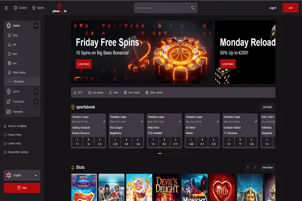 Placebet Casino Home Page and Bonuses