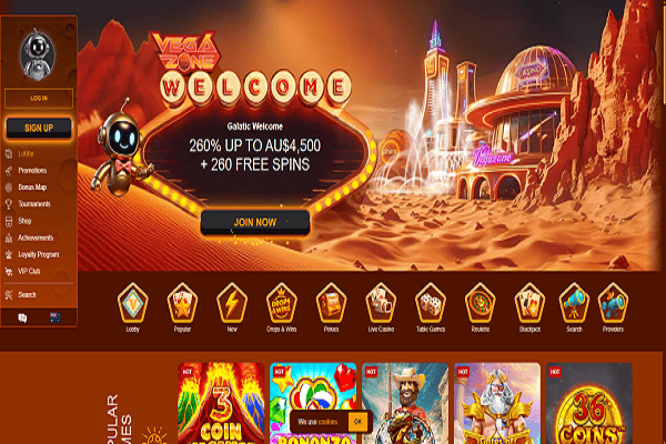 Vega Zone Casino Home Page and Welcome Bonus