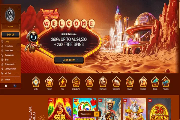 Vega Zone Casino Home Page and Welcome Bonus