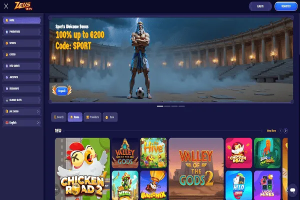 Zeuswin Casino Home Page and Welcome Bonus