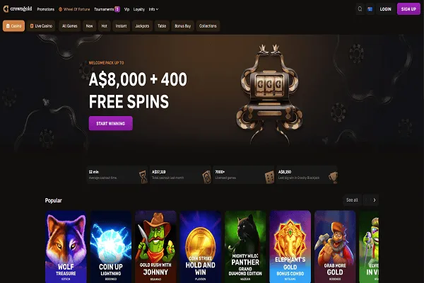 CrownGold Casino Home Page and Welcome Bonus
