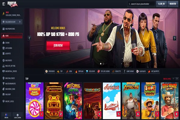 Mafia Casino Home Page and Welcome Bonus