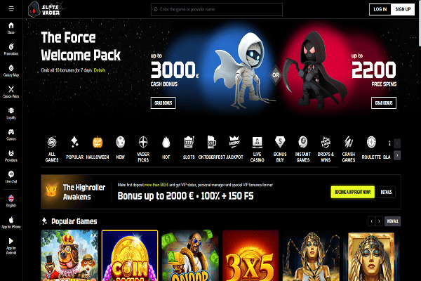 Slotsvader Casino Home Page and Welcome Bonus