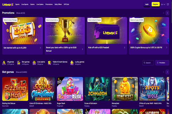 LiveWinz Casino Home Page and Bonuses