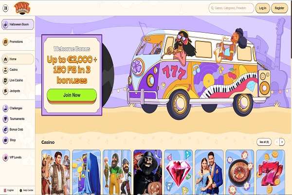 Vinyl Casino Home Page and Welcome Bonus