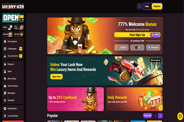 Whisky Win Casino Home Page and Welcome Bonus