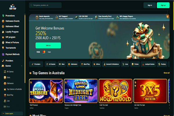 Trip2Vip Casino Home Page and Welcome Bonus