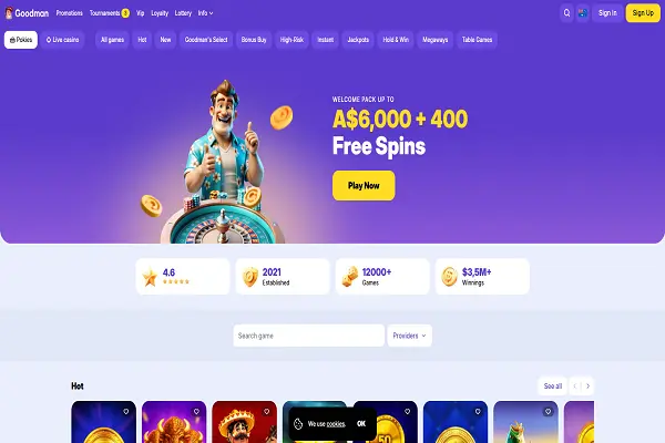 GoodMan Casino Home Page and Welcome Bonus