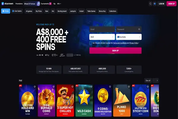 SkyCrown Casino Home Page and Welcome Bonus