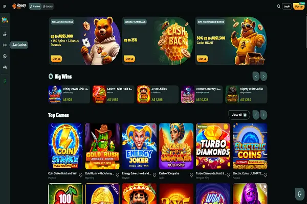 HoneyBetz Casino Home Page and Bonuses