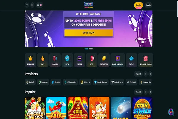 Spins House Casino Home Page and Welcome Bonus