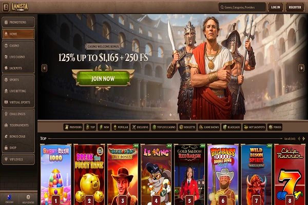 Lanista Casino Home Page and Welcome Bonus