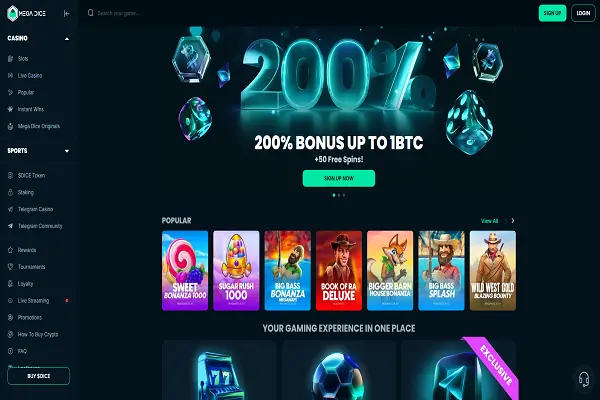 Mega Dice Casino Home Page and Welcome Bonus