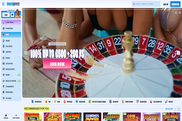 OnlySpins Casino Home Page and Welcome Bonus