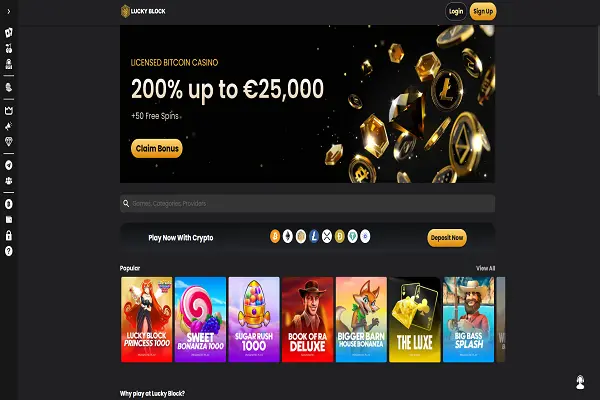 Lucky Block Casino Home Page and Welcome Bonus