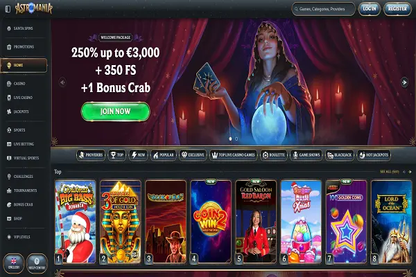 Astromania Casino Home Page and Welcome Package