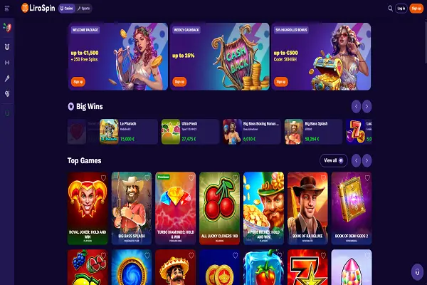 LiraSpin Casino Home Page and Bonuses