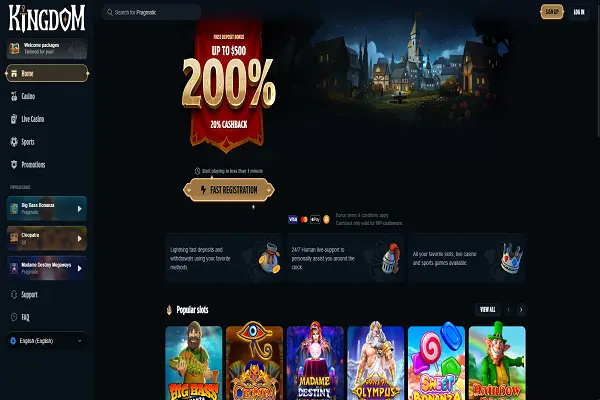 Kingdom Casino Home Page and Welcome Bonus