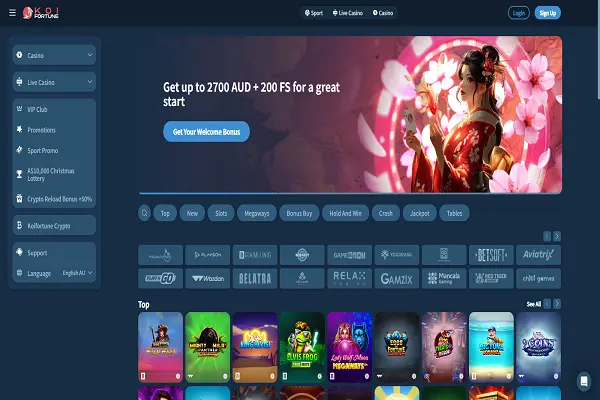 KoiFortune Casino Home Page and Welcome Bonus