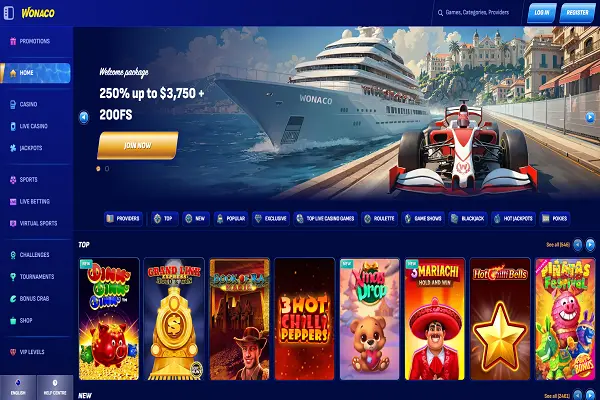 Wonaco casino Home page and Welcome Bonus