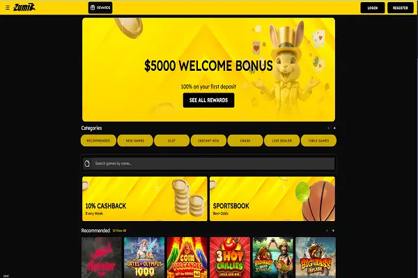 ZumiBet Casino Home Page and Welcome Bonus