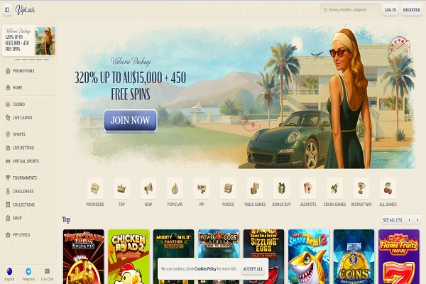 VipLuck Casino Home Page and Welcome Bonus