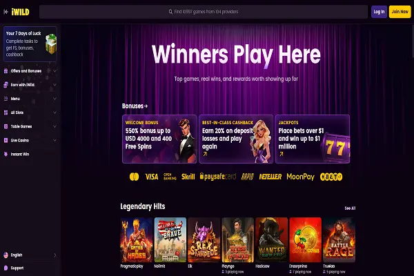 iWild Casino Home Page and Welcome Bonus