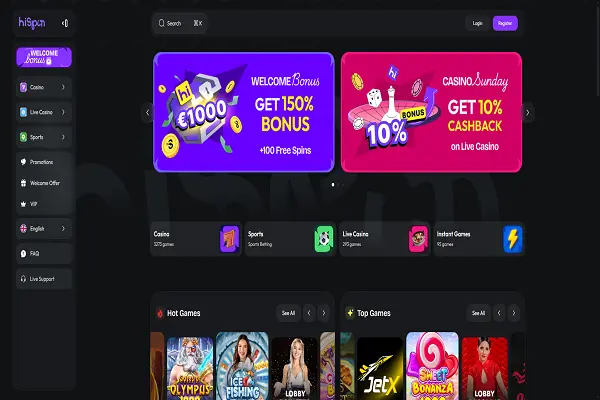 HiSpin Casino Home Page and Welcome Bonus