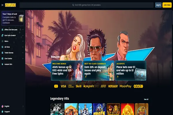 Snatch Casino Home Page and Welcome Bonus.